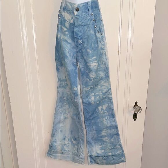 Vintage Other - Vintage 70s Mambro Girls Blue Tie-Dye Bell Bottom Cuffed Jeans with Silver Studs